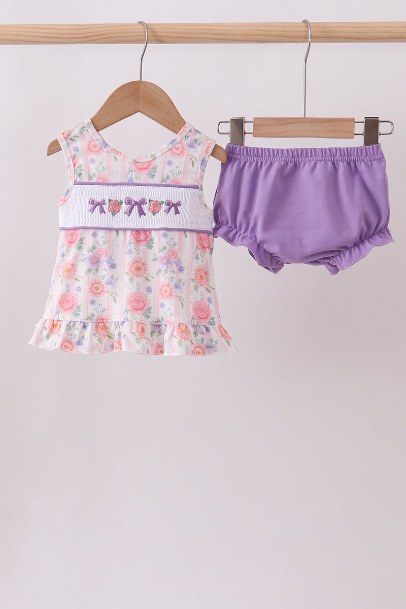 Purple rose bow smocked ruffle bloomer set