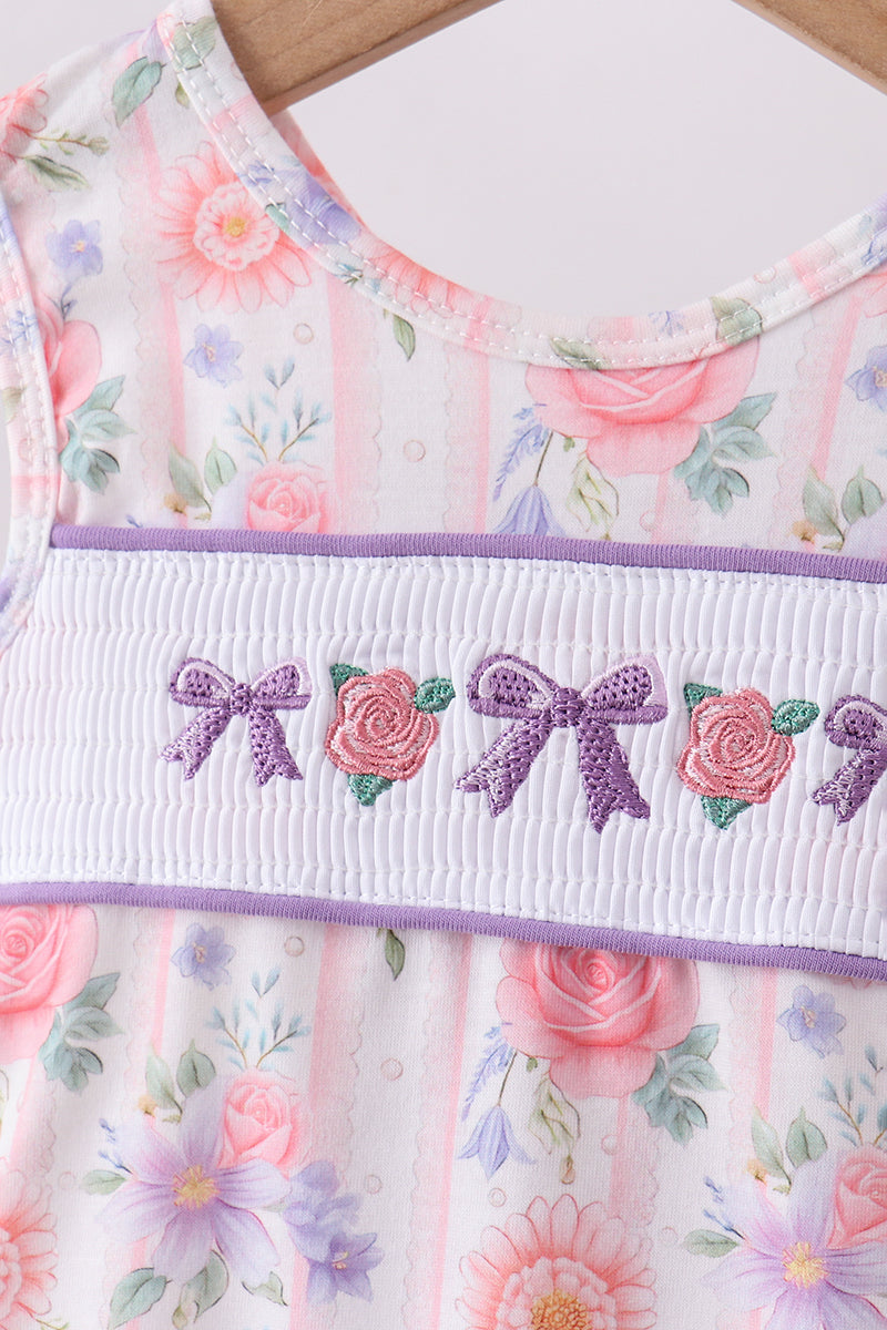 Purple rose bow smocked ruffle bloomer set