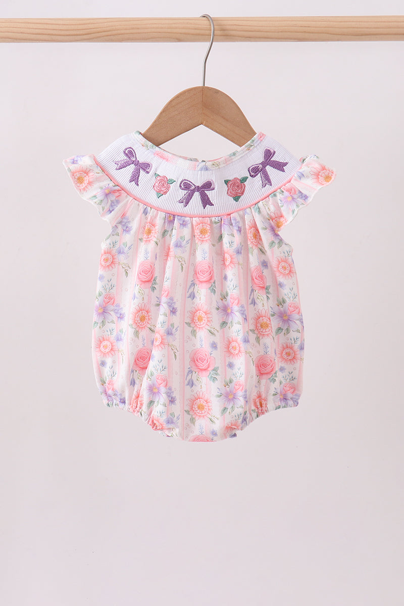 Purple rose bow smocked ruffle bubble