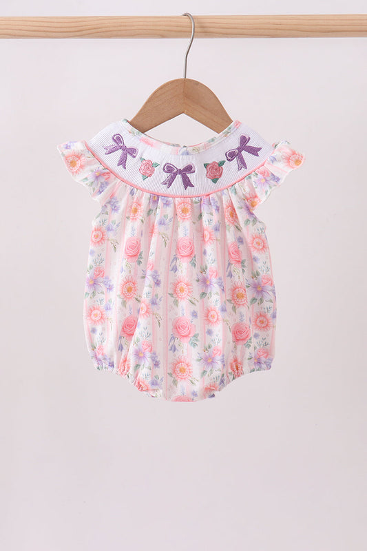 Purple rose bow smocked ruffle bubble
