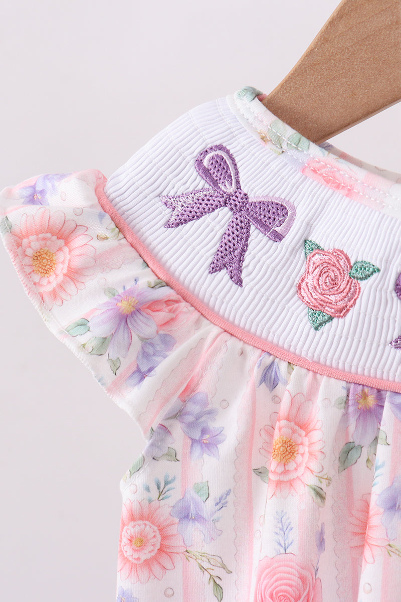 Purple rose bow smocked ruffle bubble
