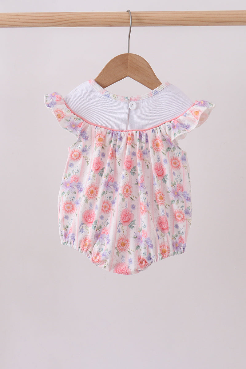 Purple rose bow smocked ruffle bubble