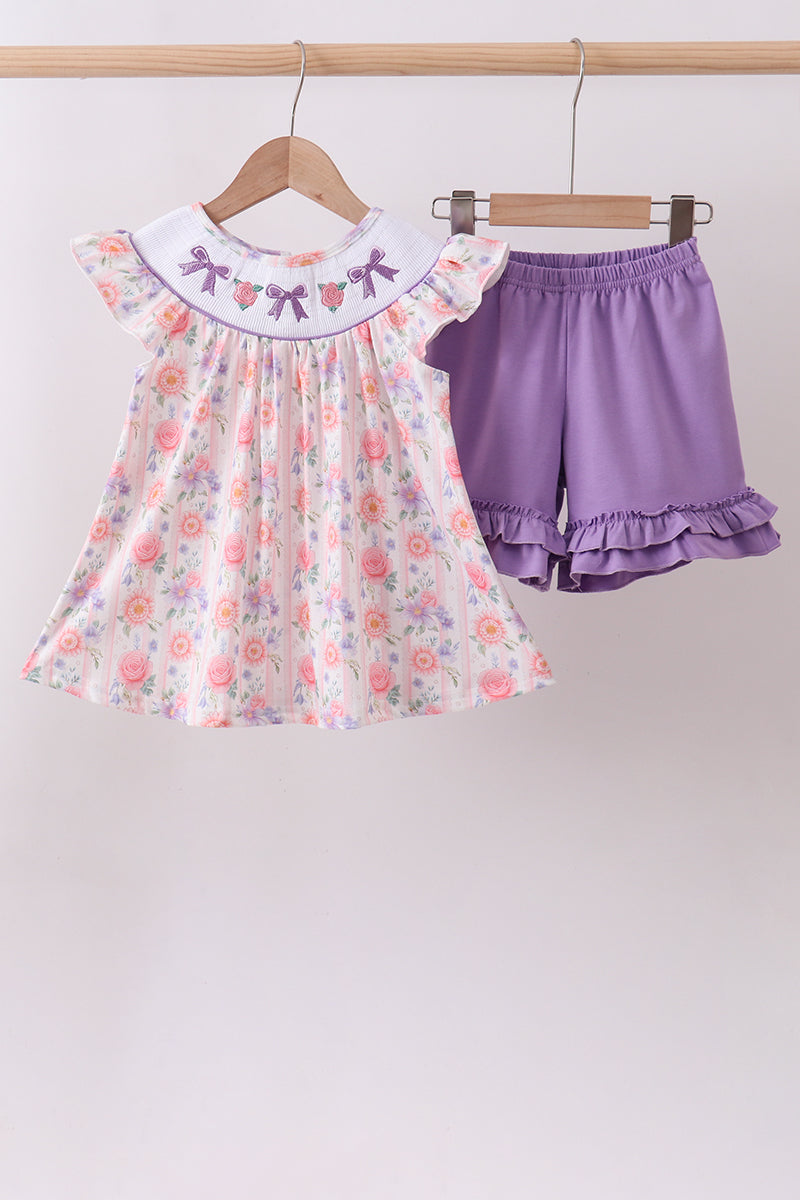 Purple rose bow smocked ruffle shorts set