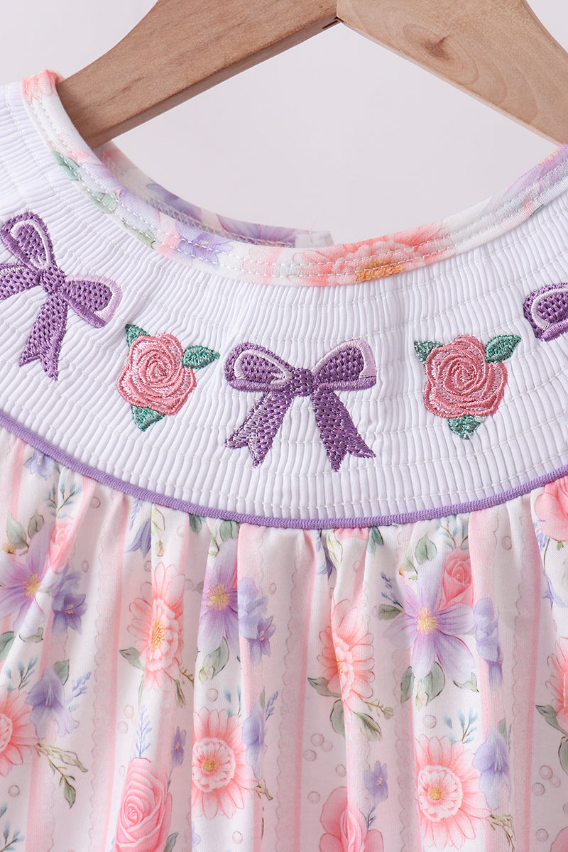 Purple rose bow smocked ruffle shorts set