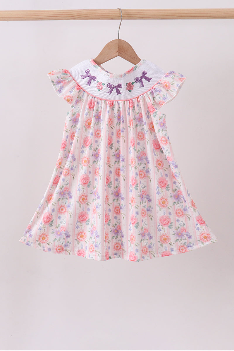 Purple rose bow smocked ruffle dress