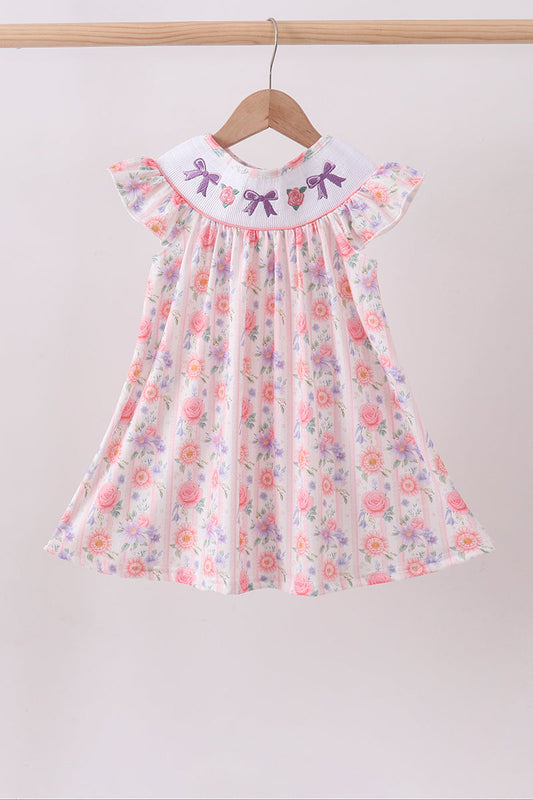 Purple rose bow smocked ruffle dress