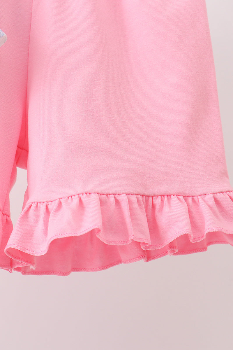 Pink floral bow smocked ruffle shorts set