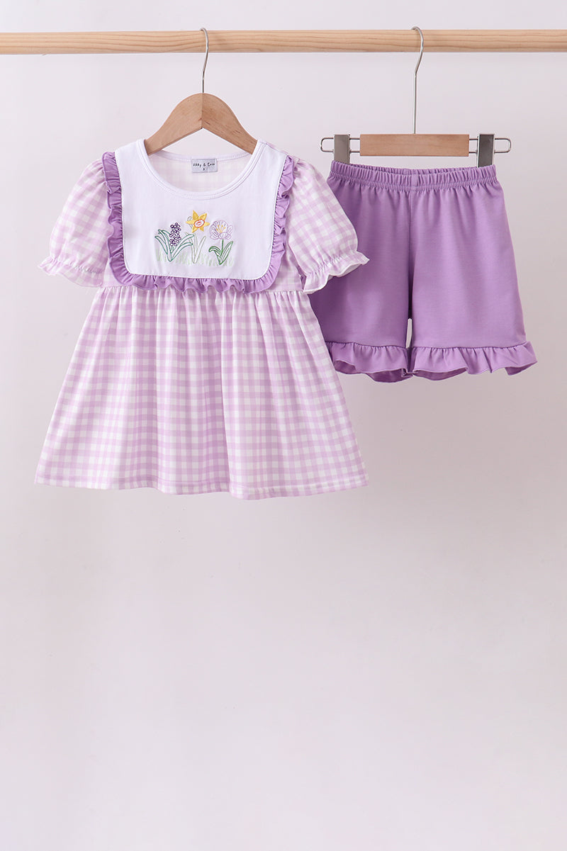 Purple floral embroidery gingham ruffle shorts set