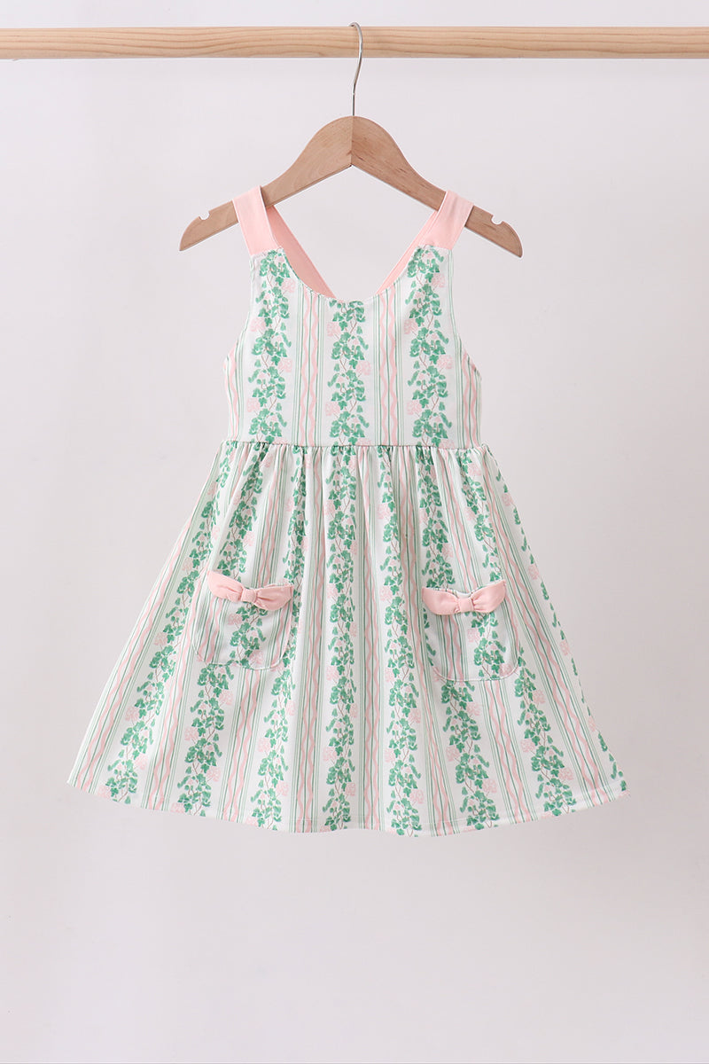 Green floral stripe pocket dress