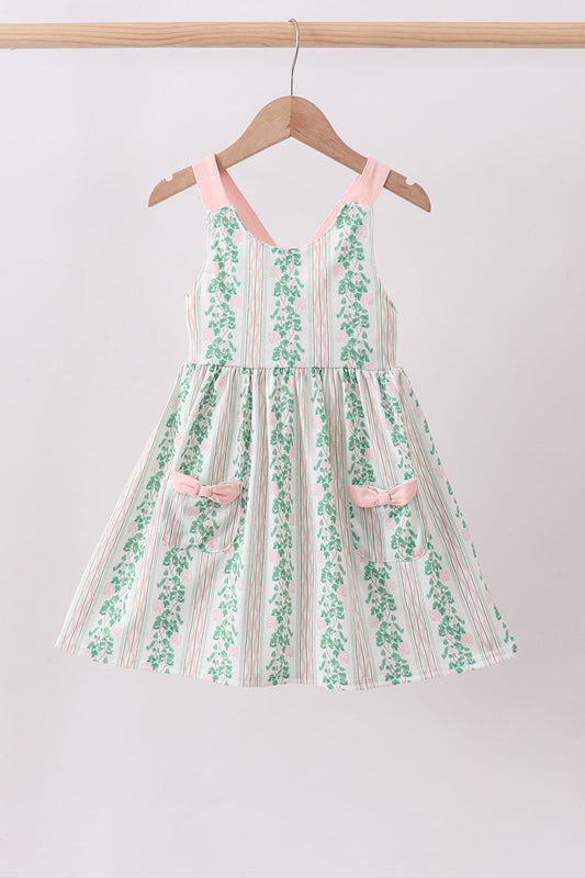 Green floral stripe pocket dress