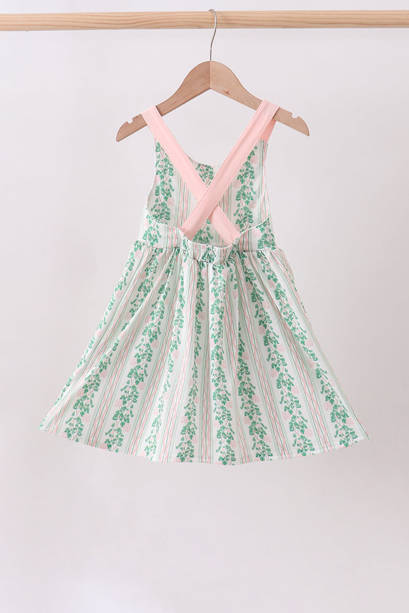 Green floral stripe pocket dress