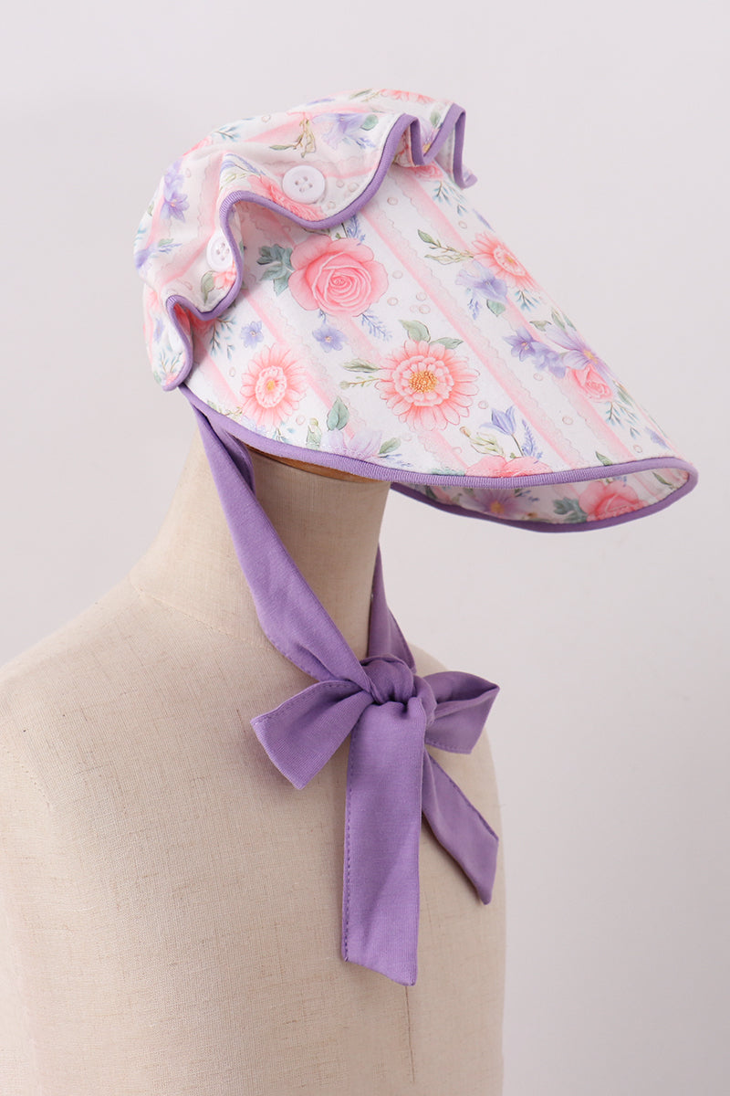Purple rose bow print bonnet