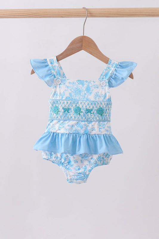 Blue rose smocked ruffle one-piece swimsuit