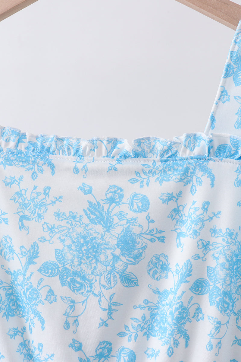 Blue rose print women dress