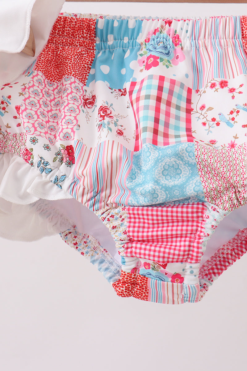 Pink floral patchwork ruffle 2pc swimsuit