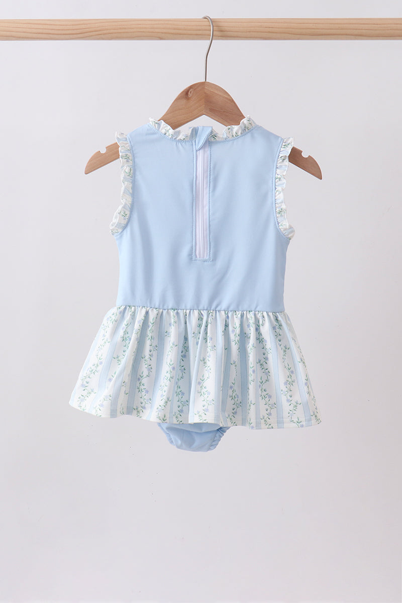 Blue character applique ruffle one-piece swimsuit