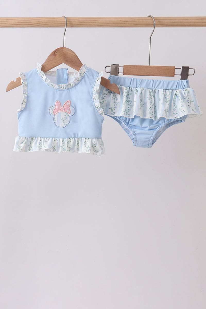 Blue character applique ruffle 2pc swimsuit