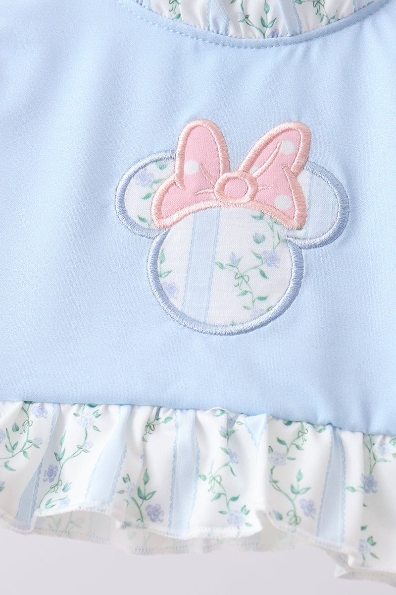 Blue character applique ruffle 2pc swimsuit