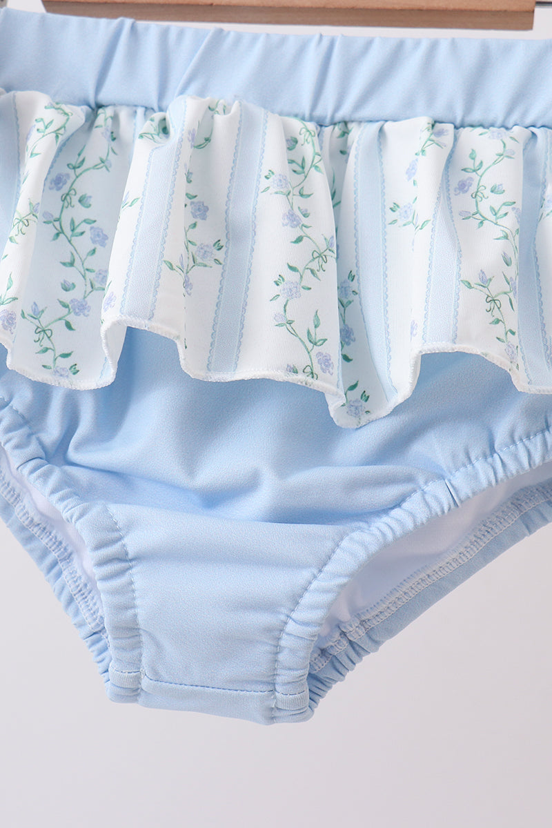 Blue character applique ruffle 2pc swimsuit