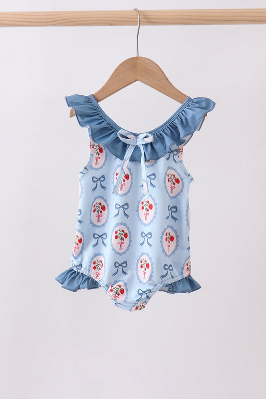 Blue strawberry bow ruffle one-piece swimsuit