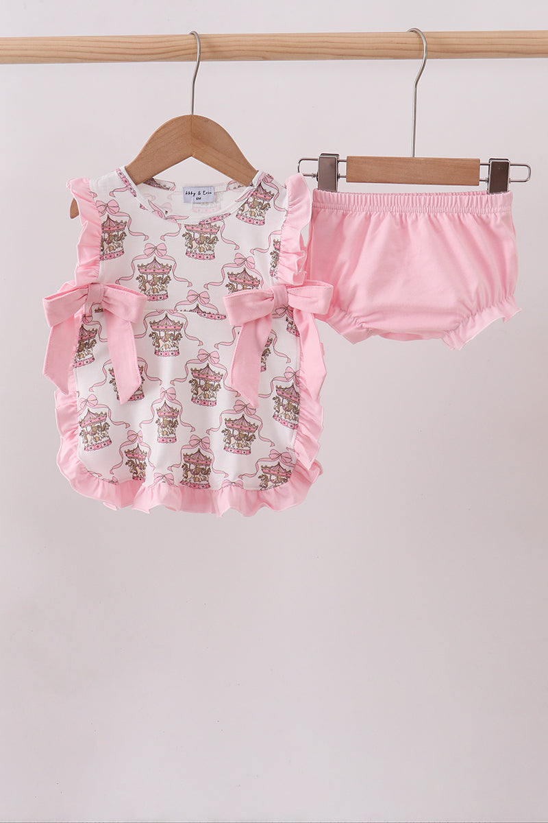 Pink carousel print ruffle bloomer set