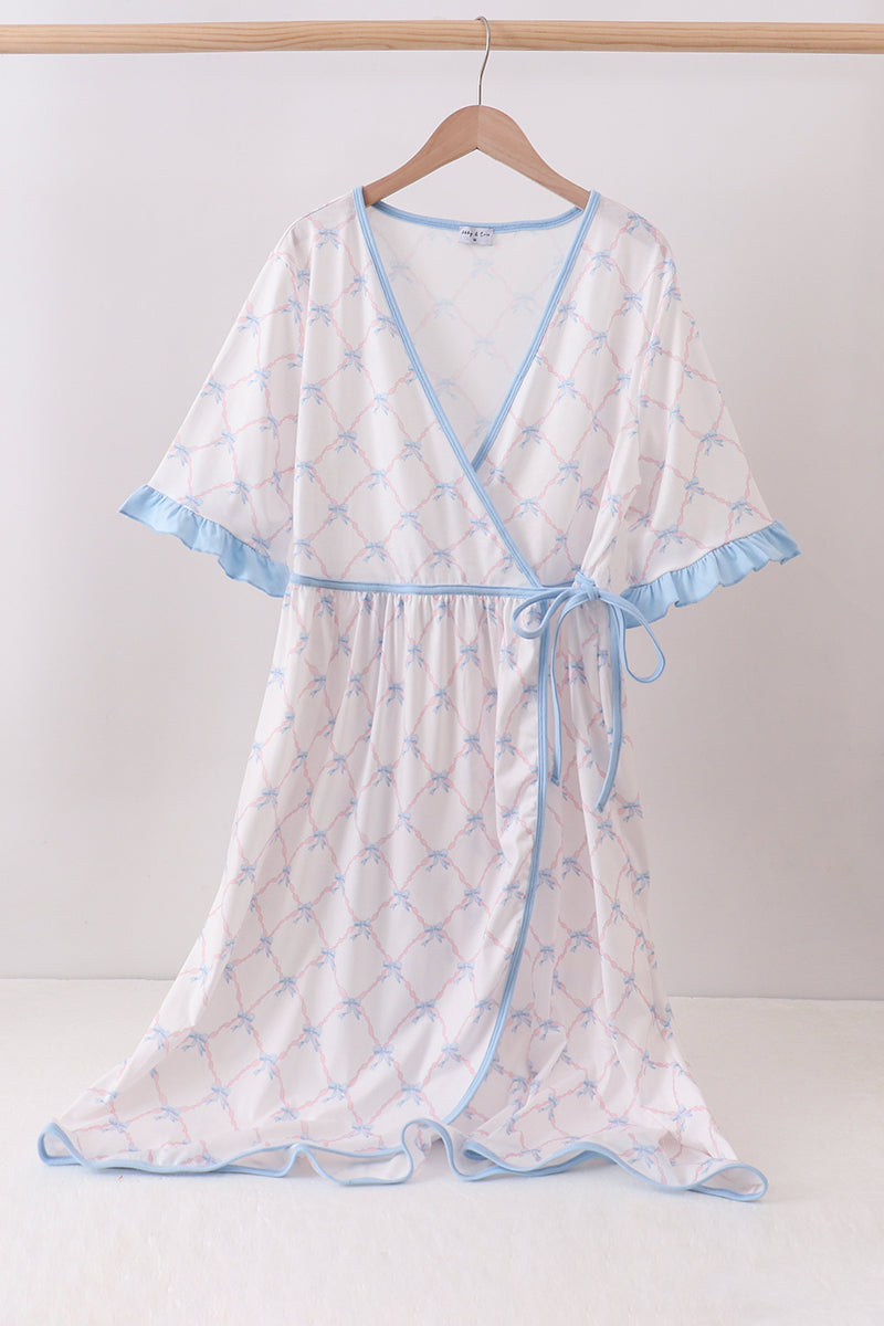 Blue bow ribbon print dress