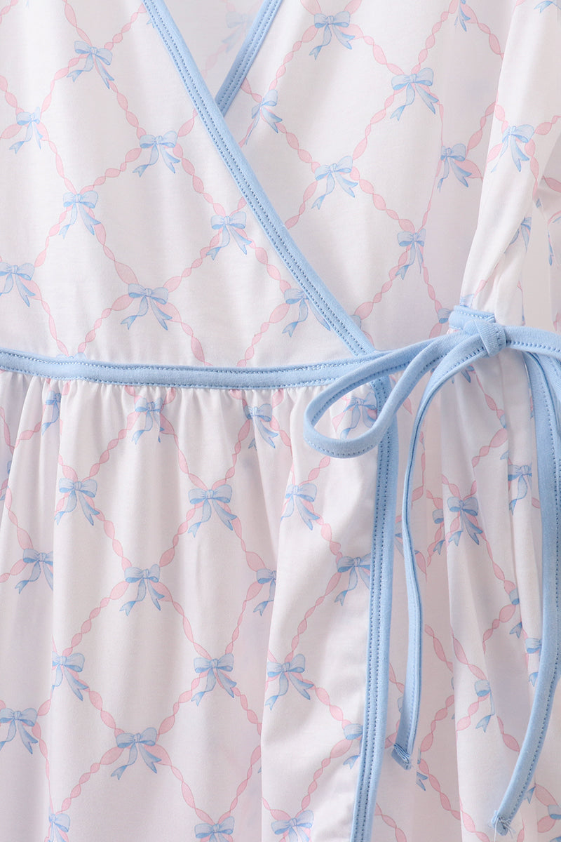 Blue bow ribbon print dress