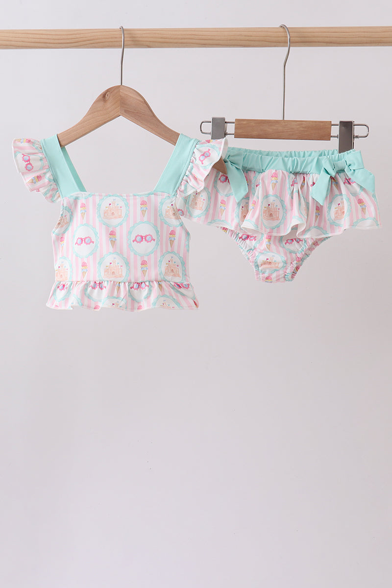 Green castle cream ruffle 2pc swimsuit