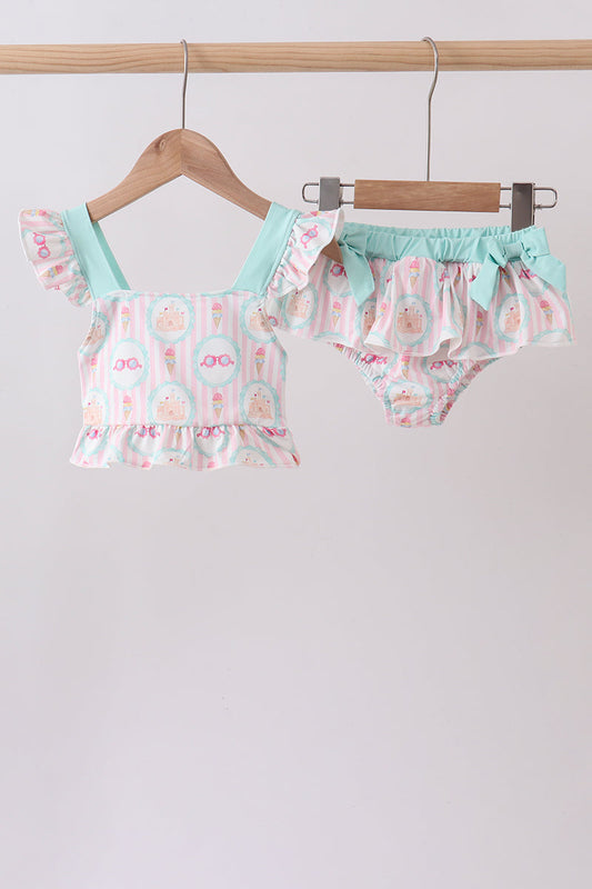 Green castle cream ruffle 2pc swimsuit