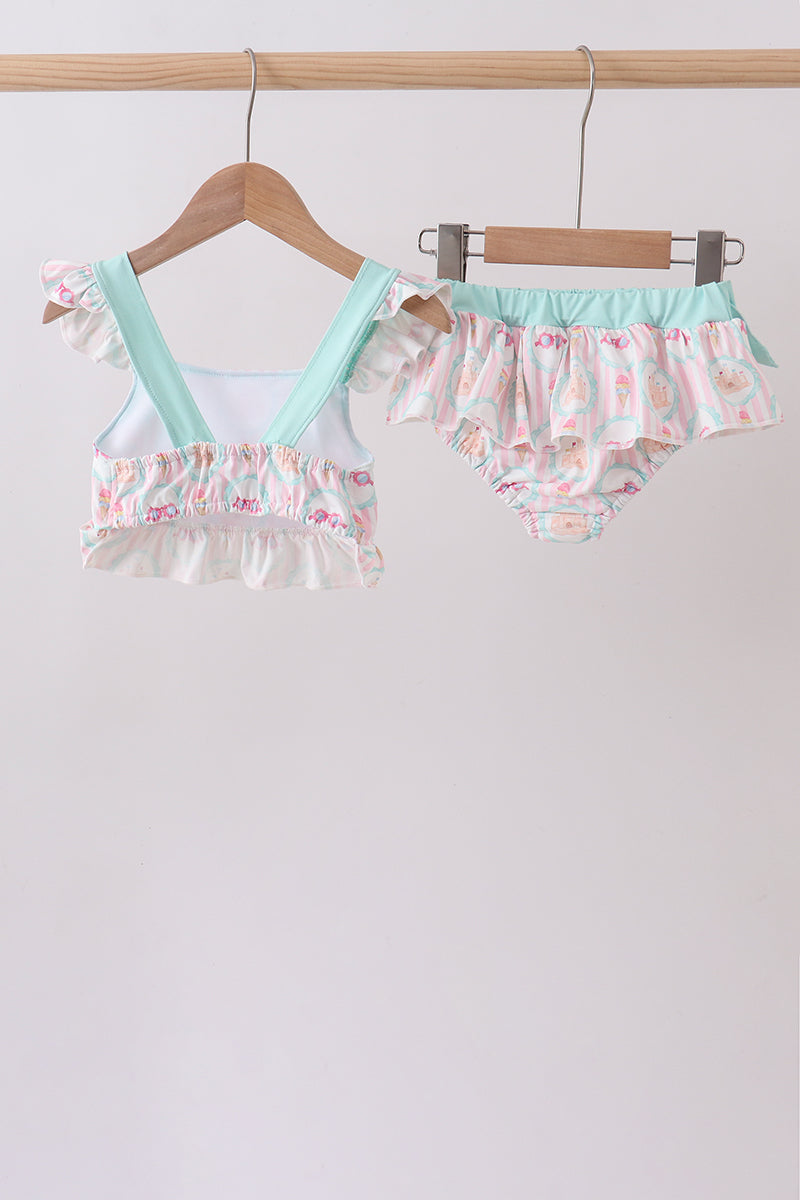 Green castle cream ruffle 2pc swimsuit