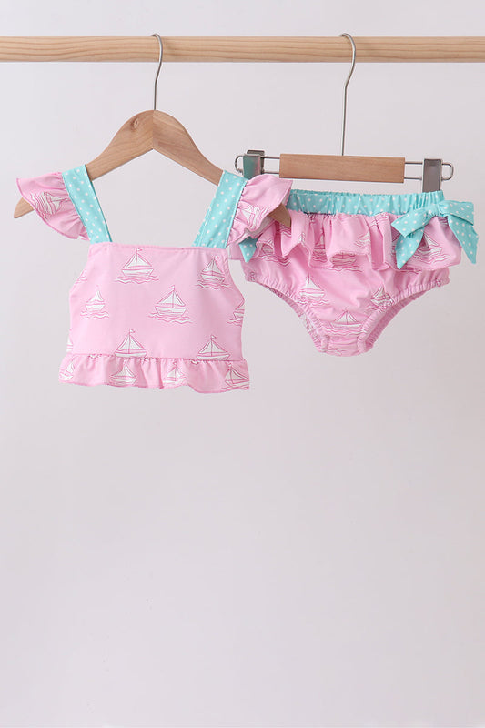 Pink sailboat print ruffle 2pc swimsuit
