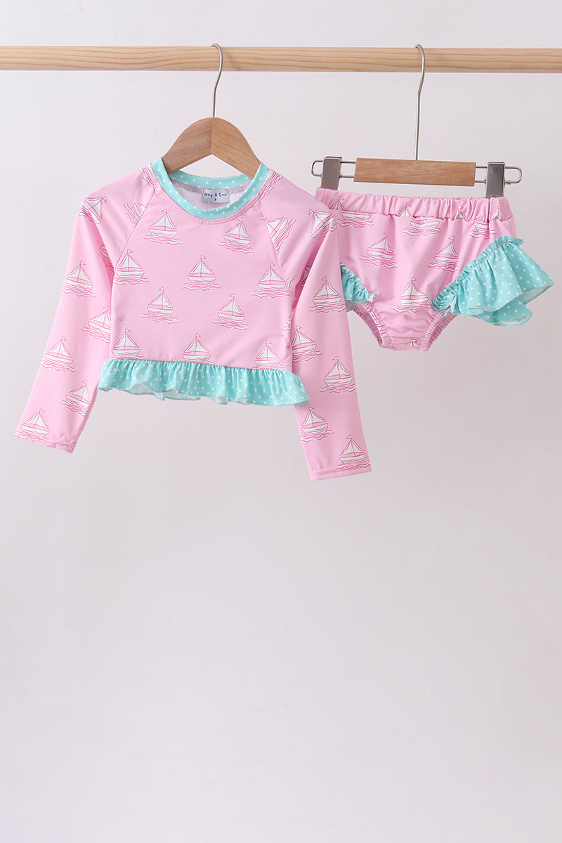 Pink sailboat print ruffle rashguard set