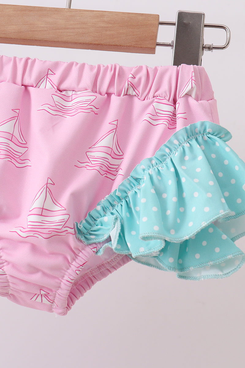 Pink sailboat print ruffle rashguard set