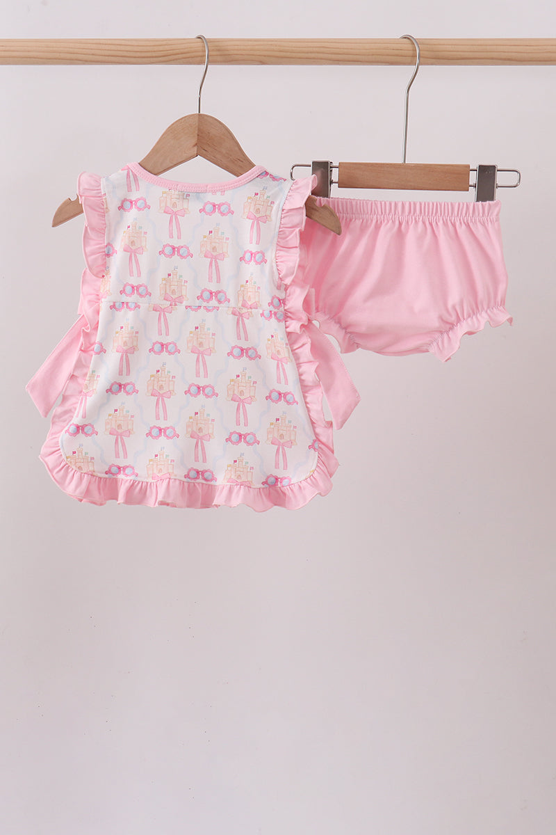 Pink bow castle ruffle bloomer set
