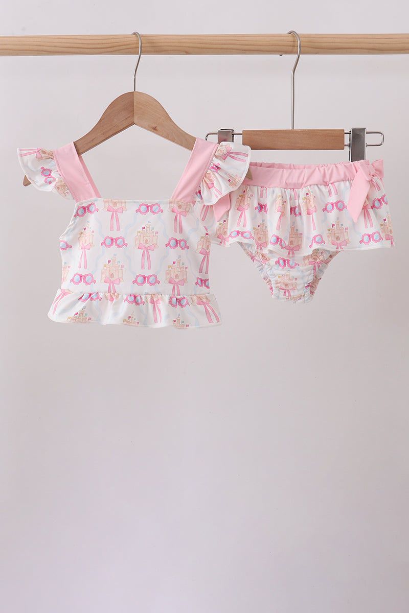 Pink bow castle ruffle 2pc swimsuit