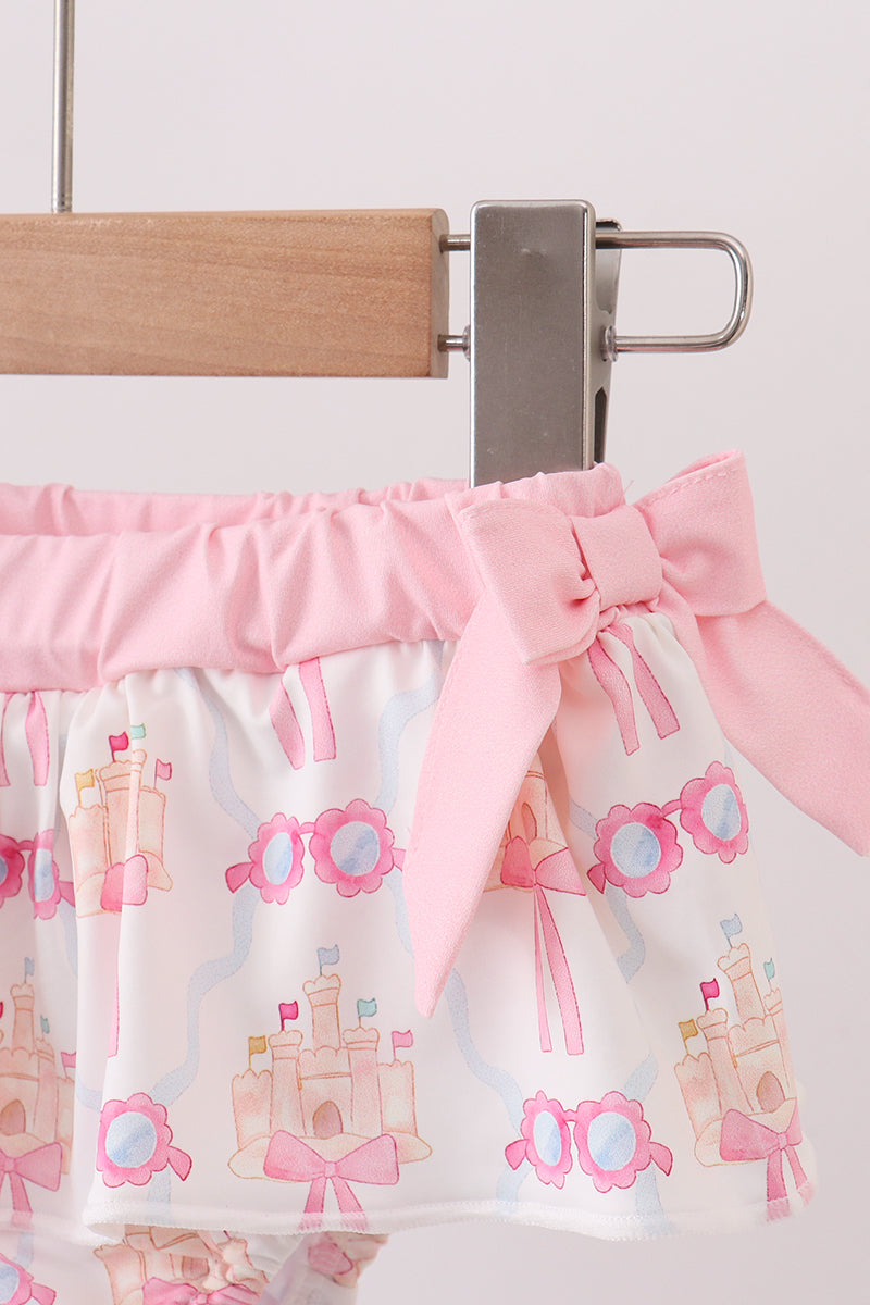 Pink bow castle ruffle 2pc swimsuit