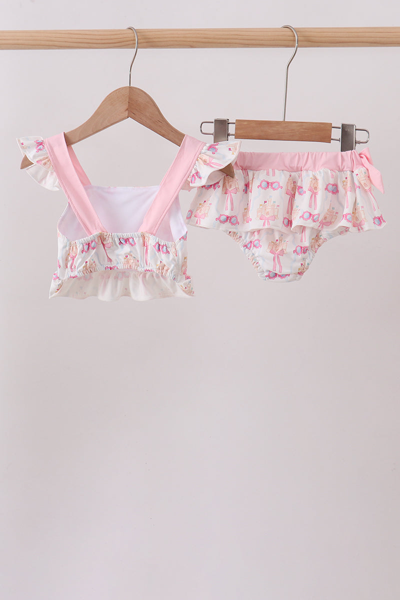 Pink bow castle ruffle 2pc swimsuit
