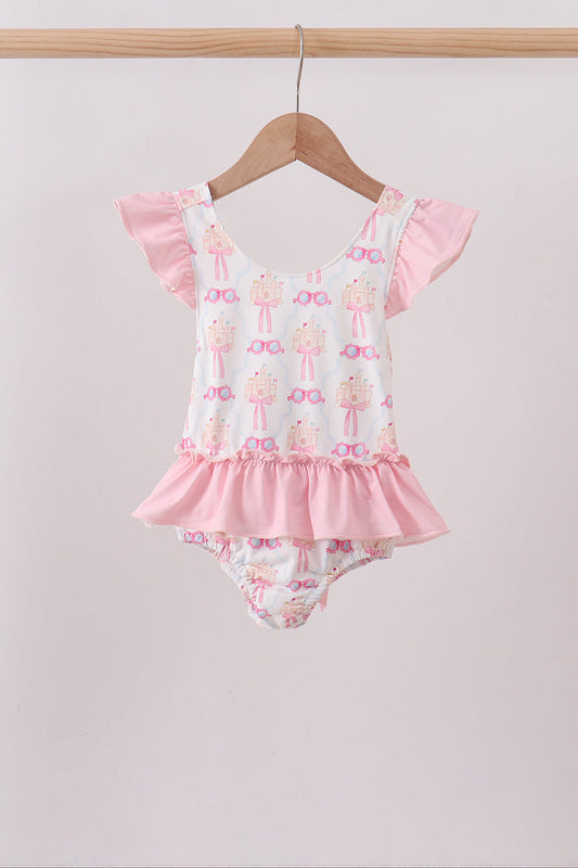 Pink bow castle ruffle one-piece swimsuit
