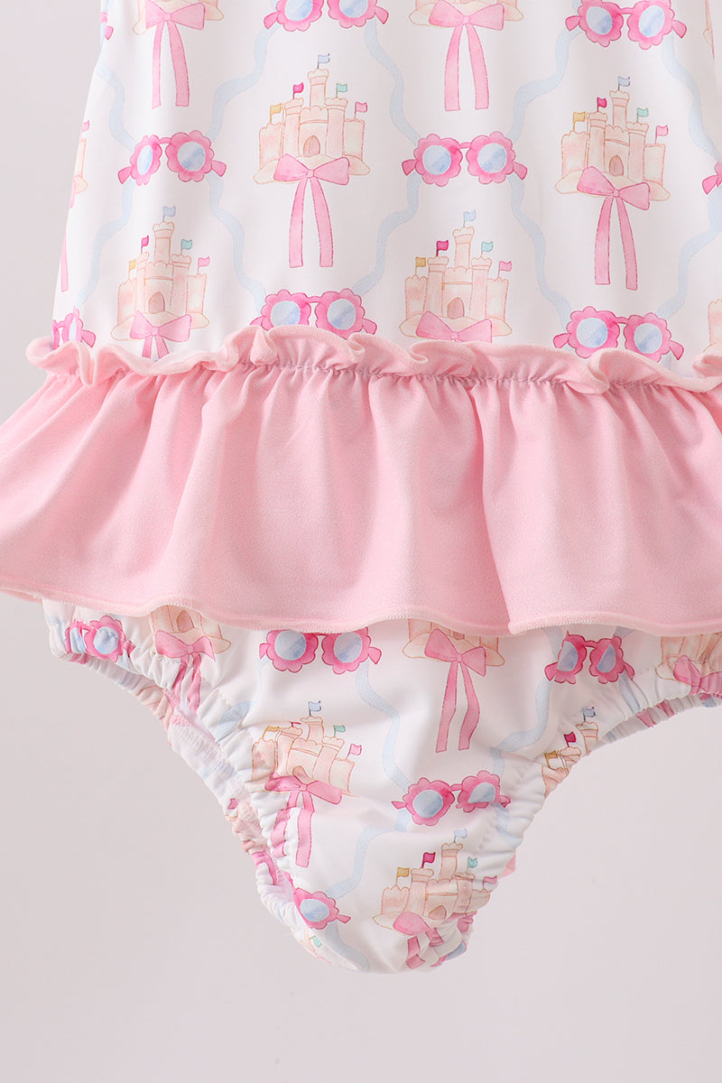 Pink bow castle ruffle one-piece swimsuit