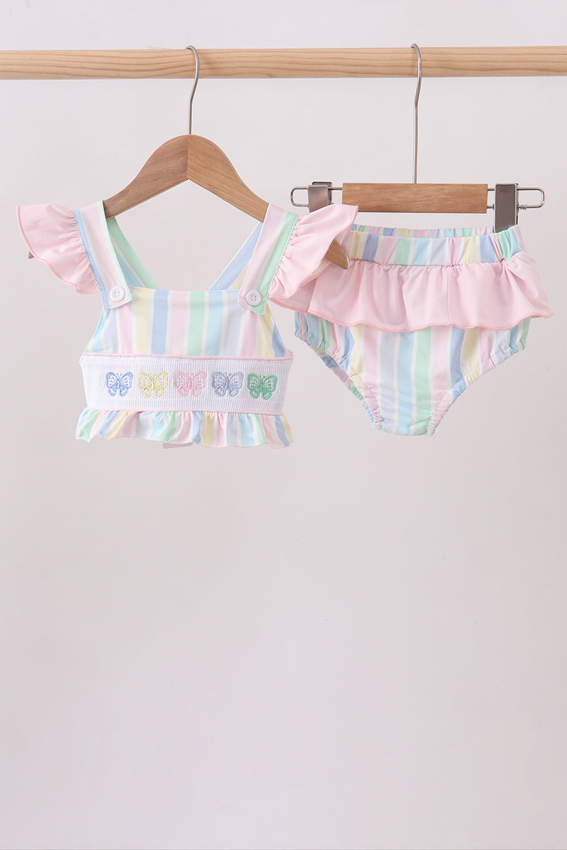 Rainbow stripe butterfly smocked ruffle 2pc swimsuit