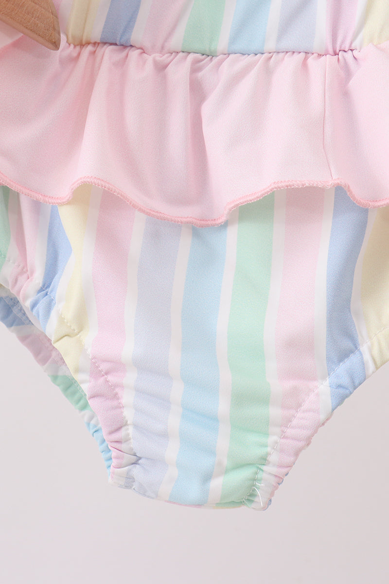 Rainbow stripe butterfly smocked ruffle 2pc swimsuit