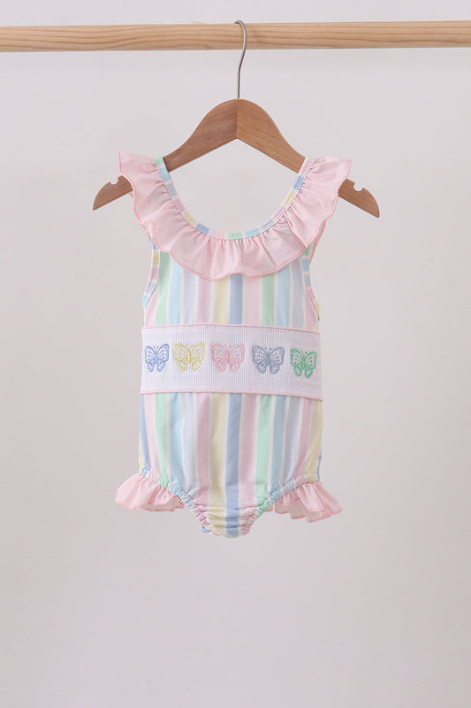 Rainbow stripe butterfly smocked ruffle one-piece swimsuit