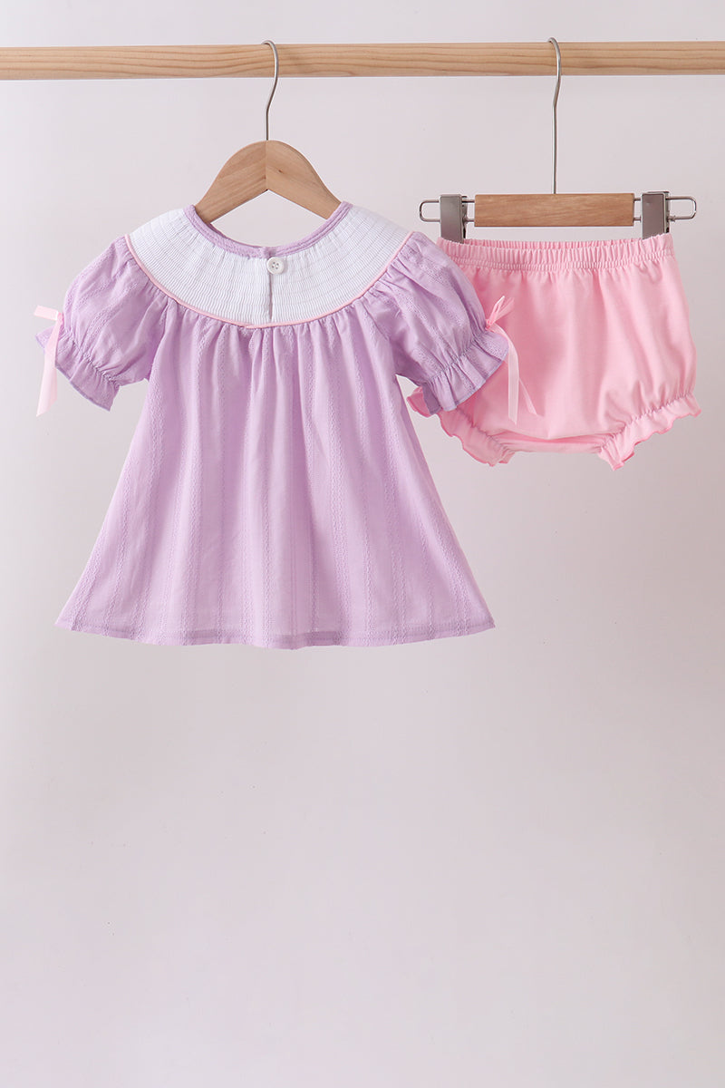 Lavender Smocked Embroidered Bow Jacquard Bloomer Set