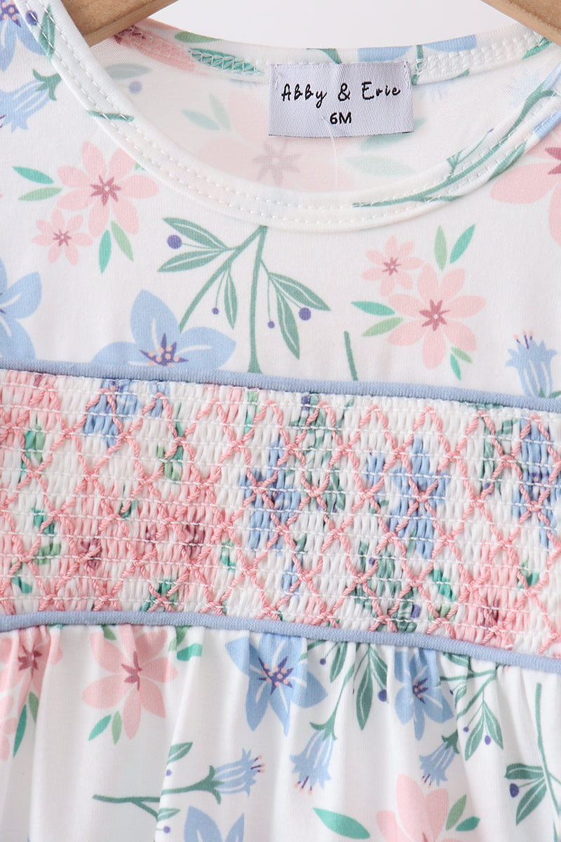Blue Floral Smocked Ruffle Bubble