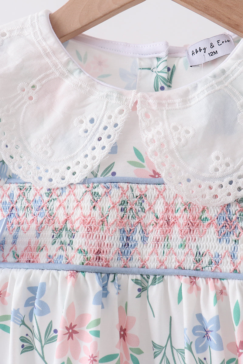 Blue Floral Smocked Ruffle Bloomer Set