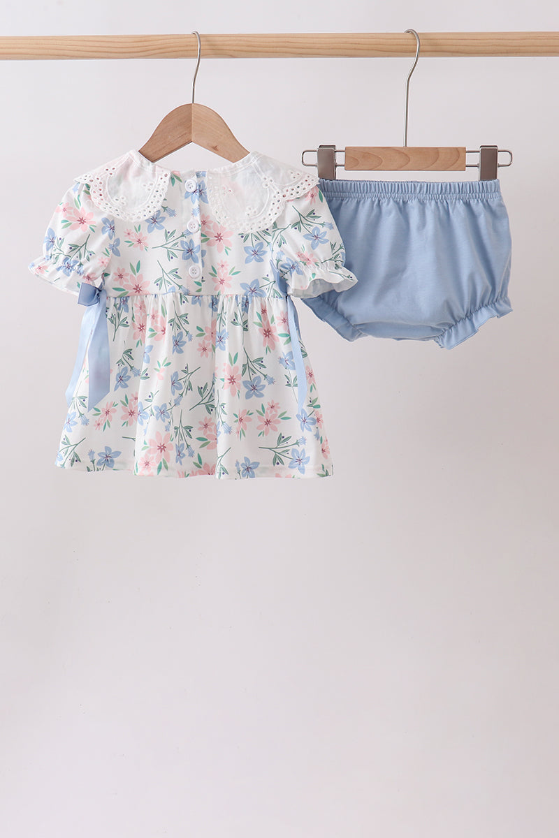 Blue Floral Smocked Ruffle Bloomer Set