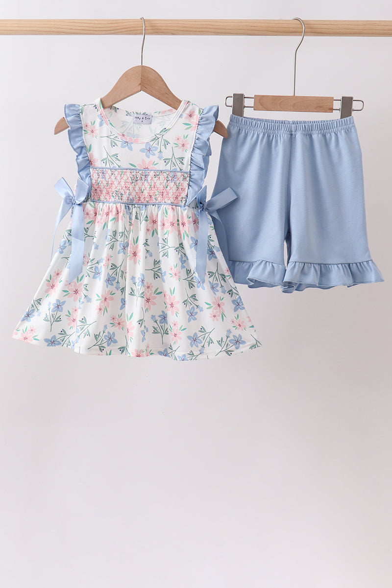 Blue Floral Smocked Ruffle Set