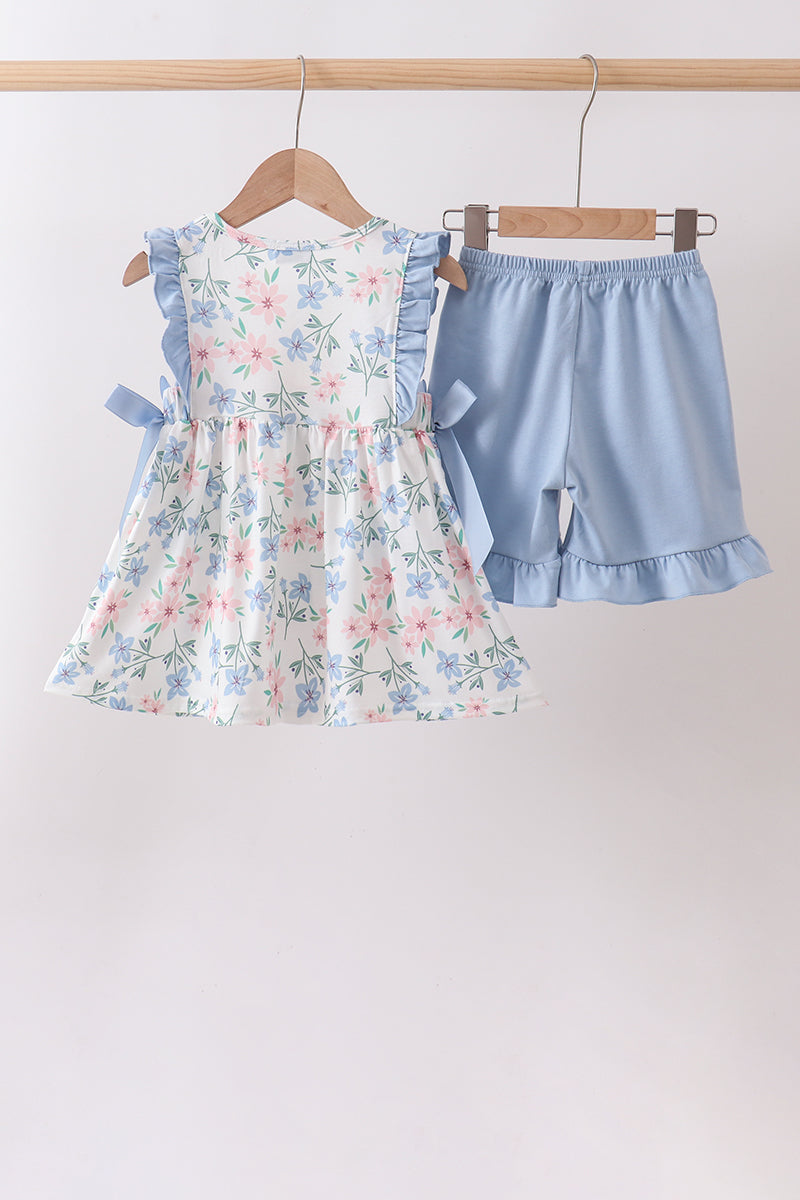 Blue Floral Smocked Ruffle Set