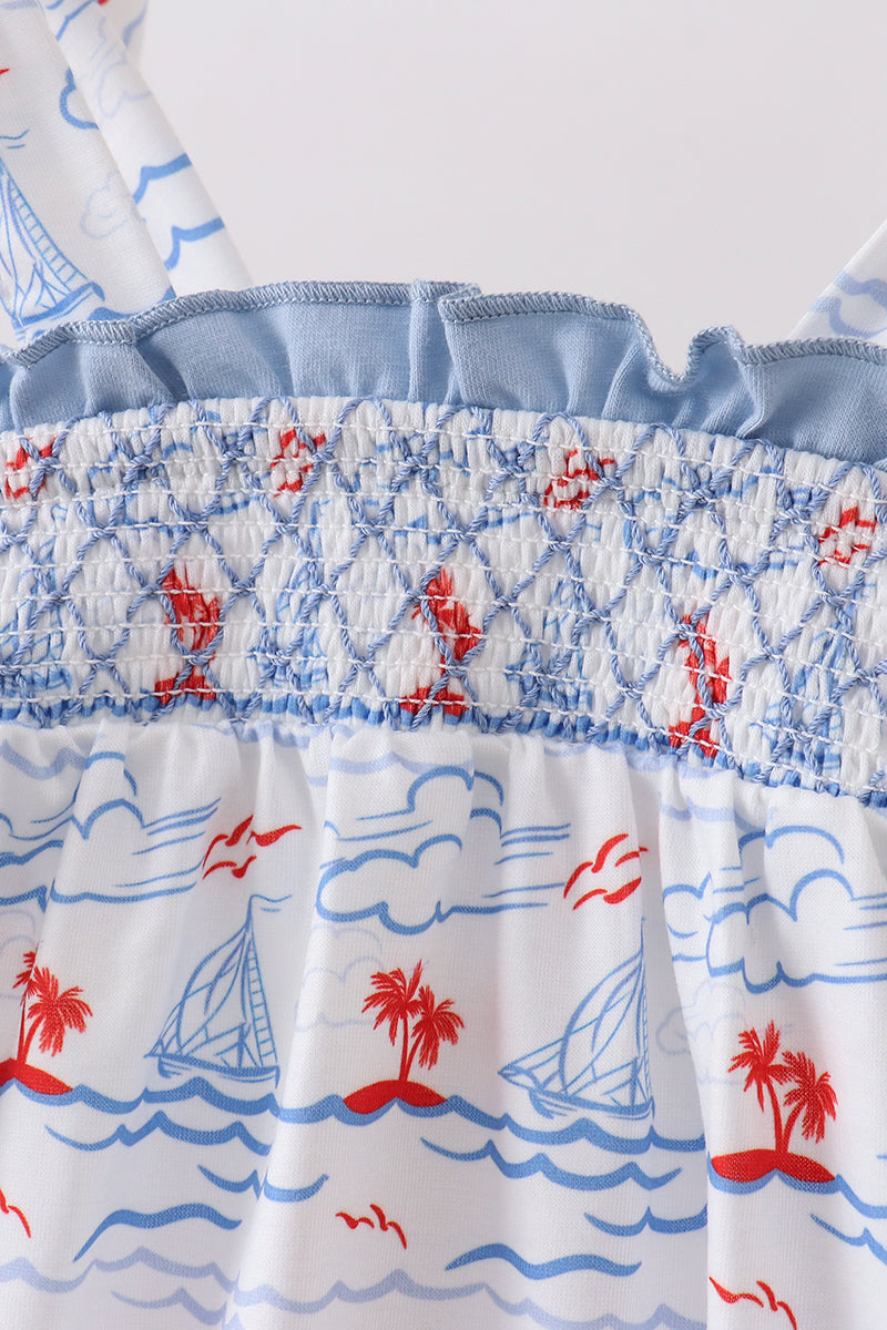 Blue Sailboat Smocked Bubble