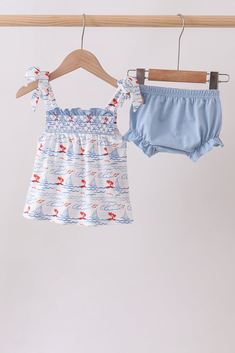 Blue Sailboat Smocked Bloomer Set